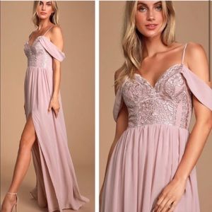 Lulu's Dancing Darling Dusty Lavender  Off-the-Shoulder Maxi Dress